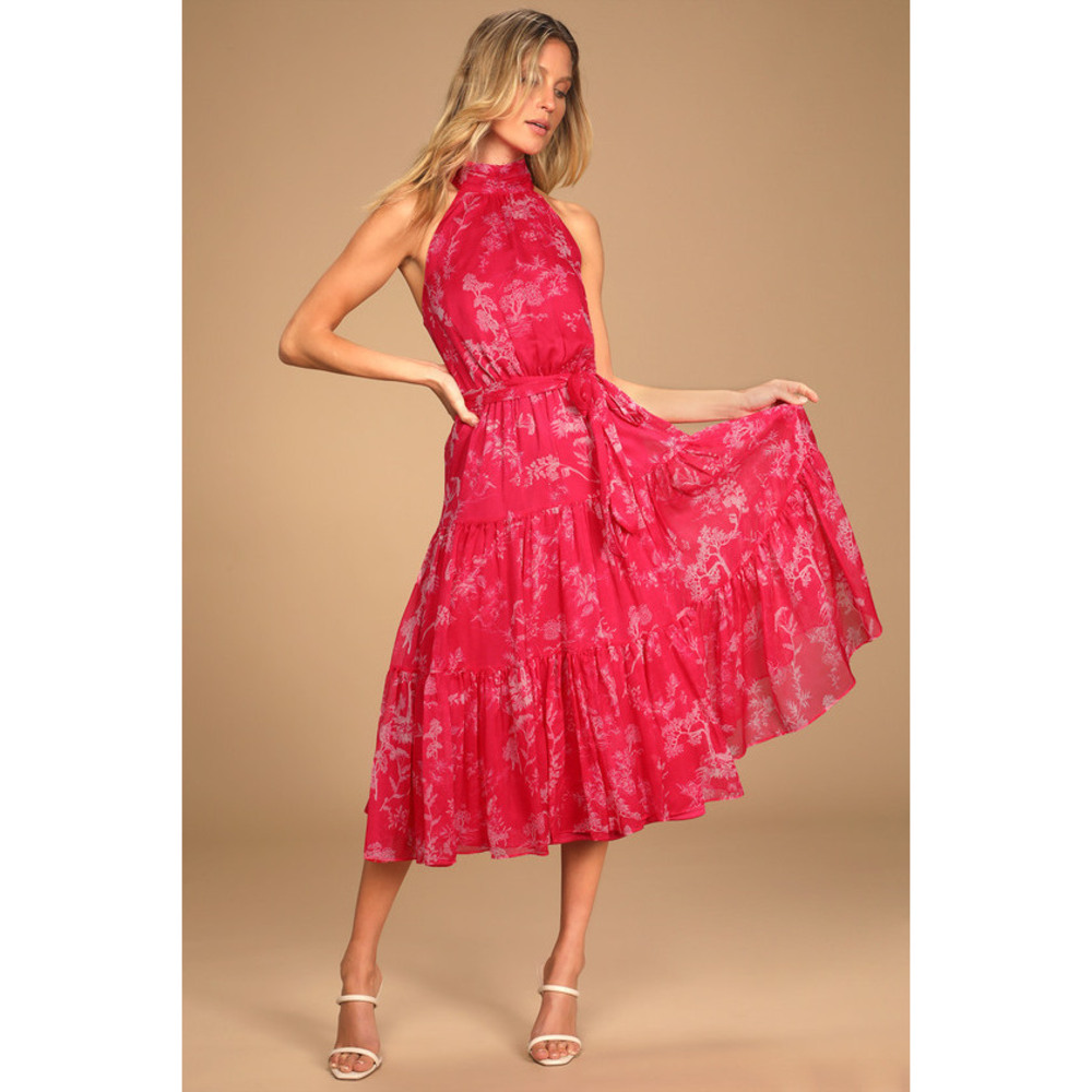 Lulus Float To You Hot Pink Floral Print Halter-neck Tiered Midi Dress - Size M